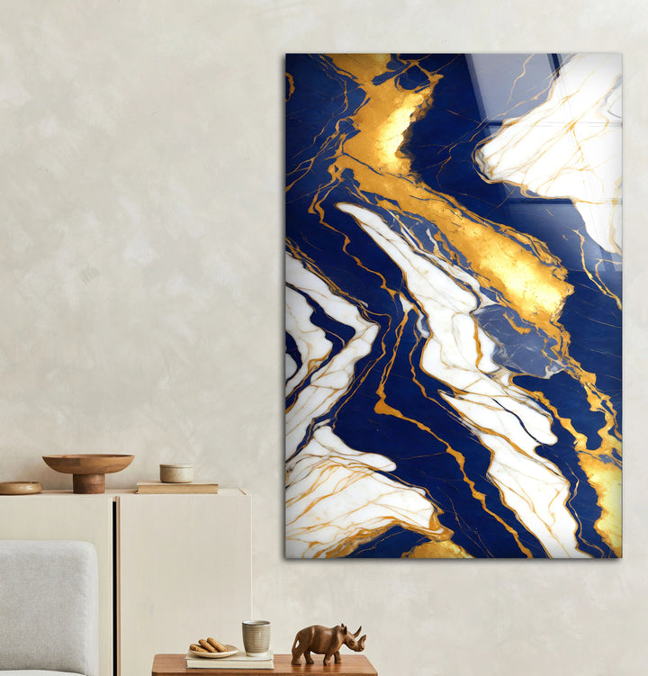 Navy Blue and Gold Marble Wall Art – Elegant Glass Print with White Veins for Sophisticated Modern Interiors - MyPhotoStation