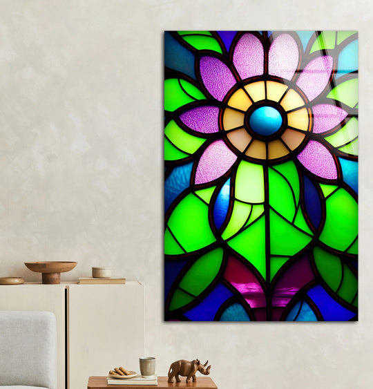 Stained Glass Flower Wall Art – Vibrant Purple and Green Glass Print for Colorful Botanical and Modern Interiors - MyPhotoStation