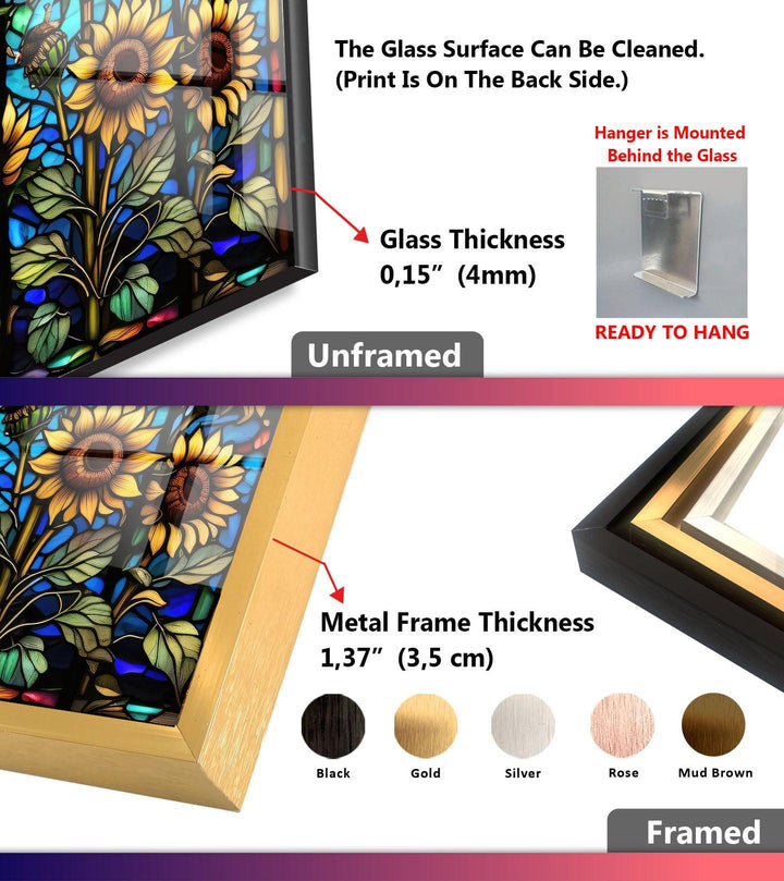 Sunflower Stained Window Glass Wall Art, custom glass photo prints, large glass prints