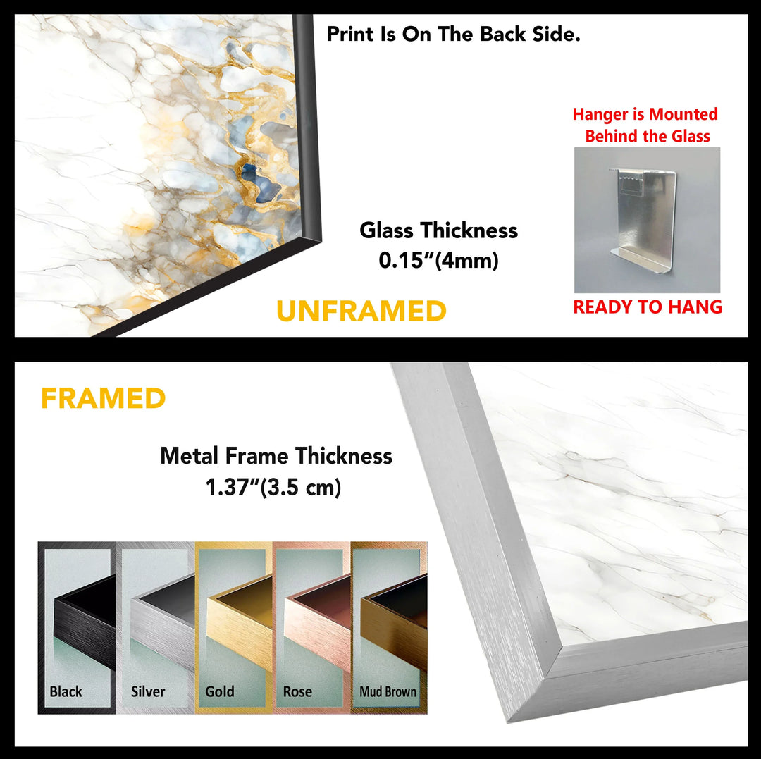 White Marble and Gold Wall Art – Elegant Glass Print with Blue Accents for Modern Luxe Interiors - MyPhotoStation