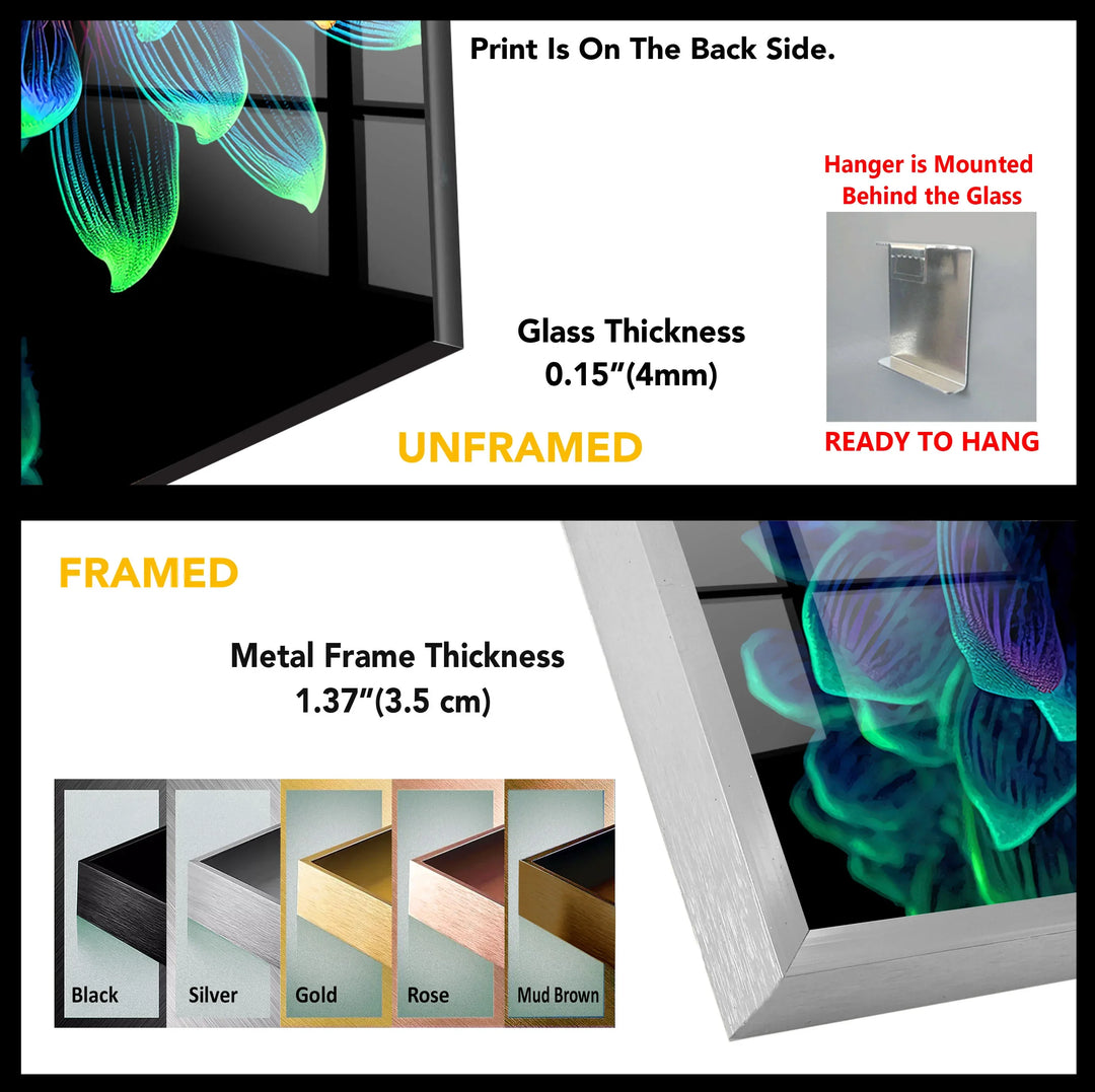 Neon Rainbow Flower Wall Art – Vibrant Glass Print with Glowing Petals on Black for Modern and Artistic Interiors - MyPhotoStation