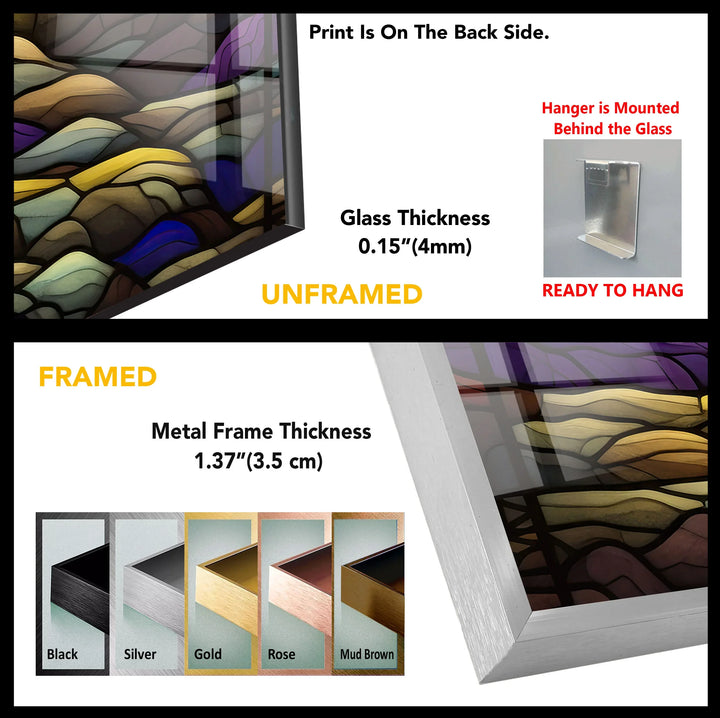 Stained Glass Sunset Wall Art – Colorful Landscape Glass Print with Trees, Sun, and Mountains for Artistic Nature-Inspired Interiors - MyPhotoStation