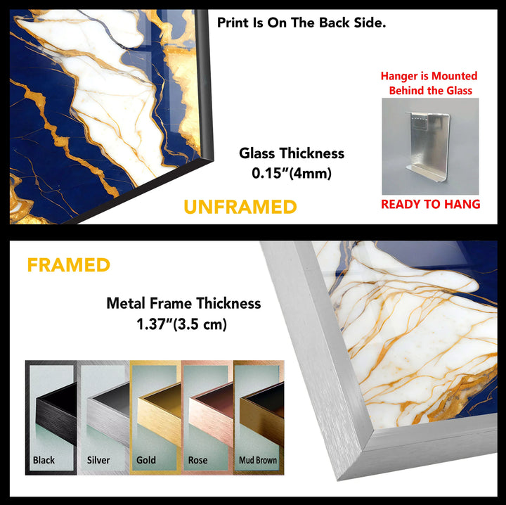 Navy Blue and Gold Marble Wall Art – Elegant Glass Print with White Veins for Sophisticated Modern Interiors - MyPhotoStation