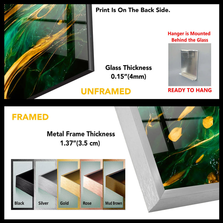 Emerald Gold Abstract Wall Art – Luxurious Glass Print with Flowing Metallic Accents for Elegant and Modern Interiors - MyPhotoStation