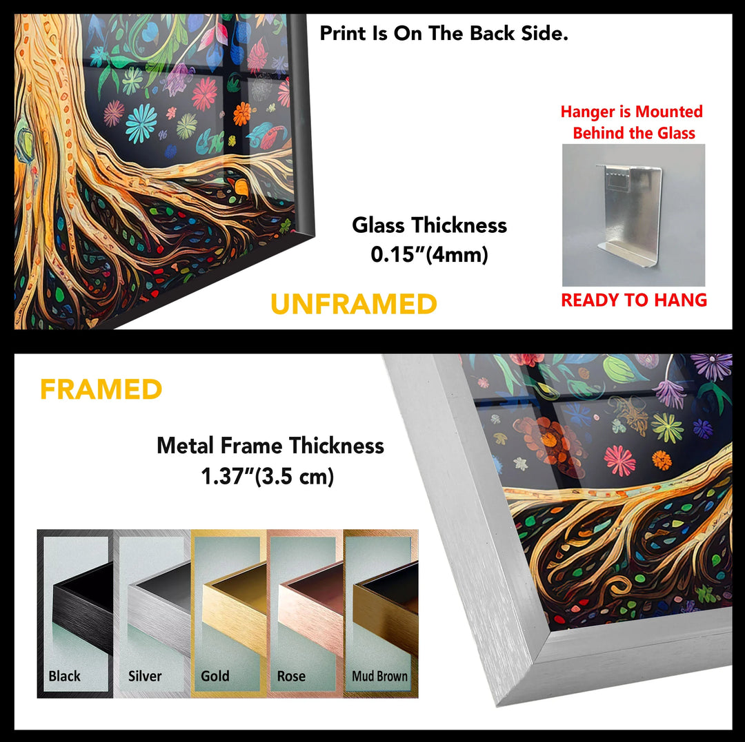 Colorful Tree of Life Wall Art – Multicolor Glass Print with Leaves and Roots for Boho, Nature-Inspired, and Spiritual Interiors - MyPhotoStation