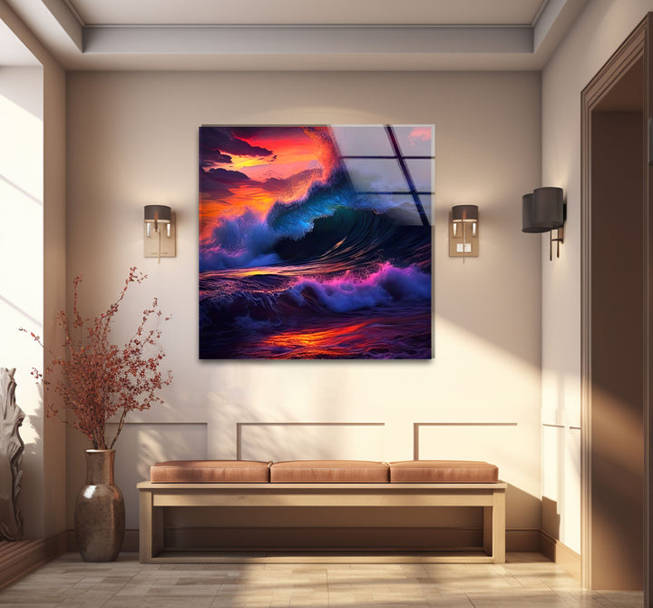 Wandkunst mit krachenden Wellen bei Sonnenuntergang – Dramatisches Ozean-Glasdruck-Design