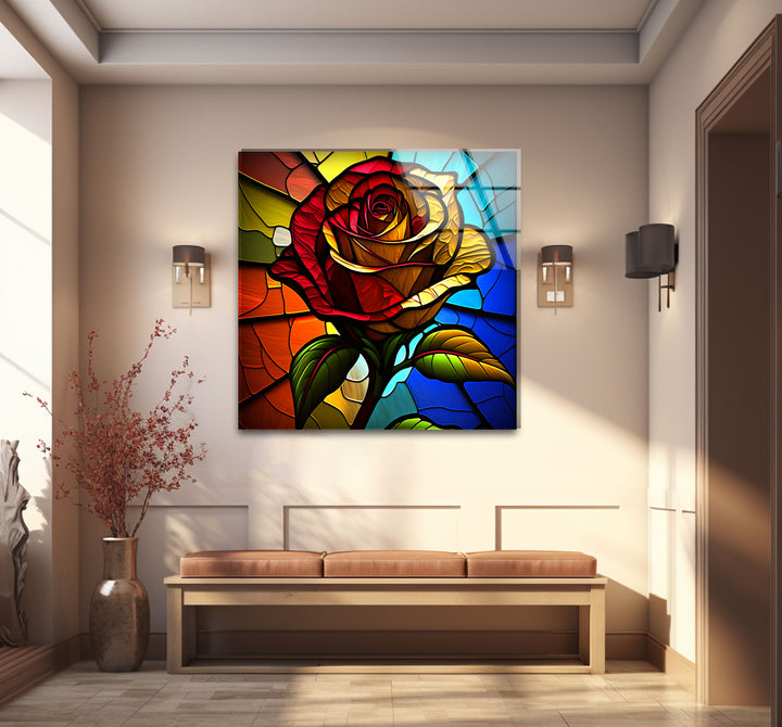 Rote Rose Buntglas-Wandkunst – Farbenfrohes florales Glasdruck-Design