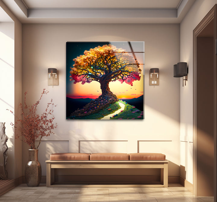 Verträumte Wandkunst mit Lebensbaum – Sonnenuntergangspfad, Fantasy-Glasdruck-Design