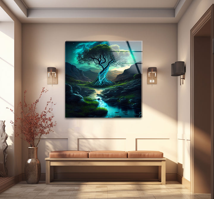 Mystisch leuchtender Baum als Wandkunst – Verzauberter Nachtstrom als Glasdruck