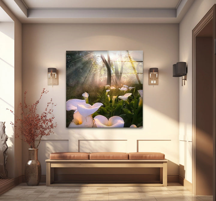 White Lily Forest Wall Art – Sunlit Flower Glass Print, Peaceful Botanical Nature Decor for Bedroom or Living Room - MyPhotoStation