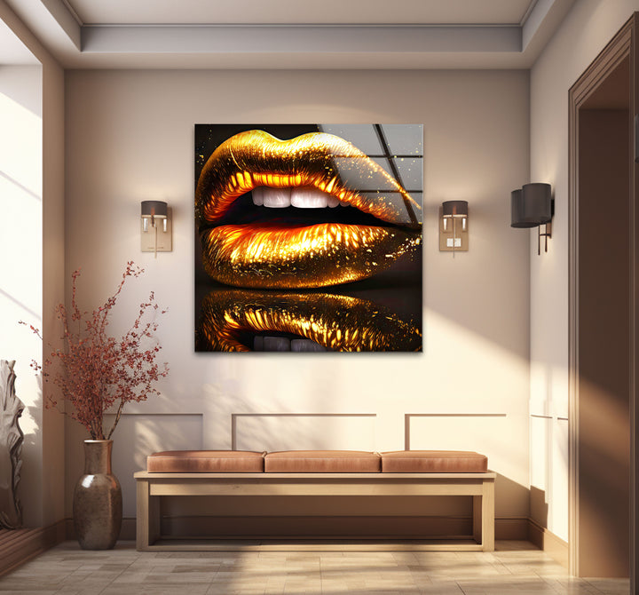 Goldene Lippen Wandkunst – Glamouröses funkelndes Mund-Glasdruck-Design