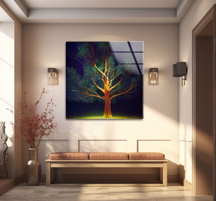 Leuchtende Baum-Wandkunst – Beleuchtetes Nachtwald-Glasdruckdesign