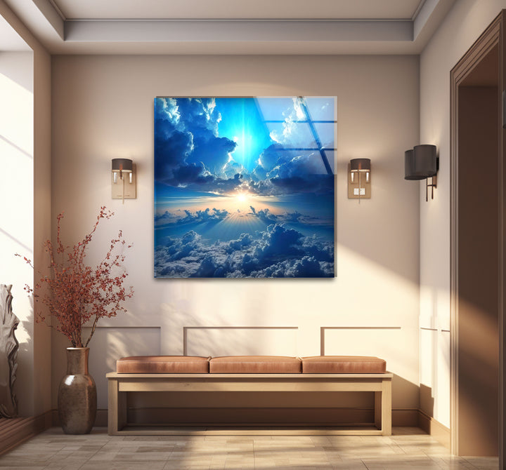 Himmlischer Himmel Wandkunst – Strahlende Wolken und Lichtstrahl Glasdruck