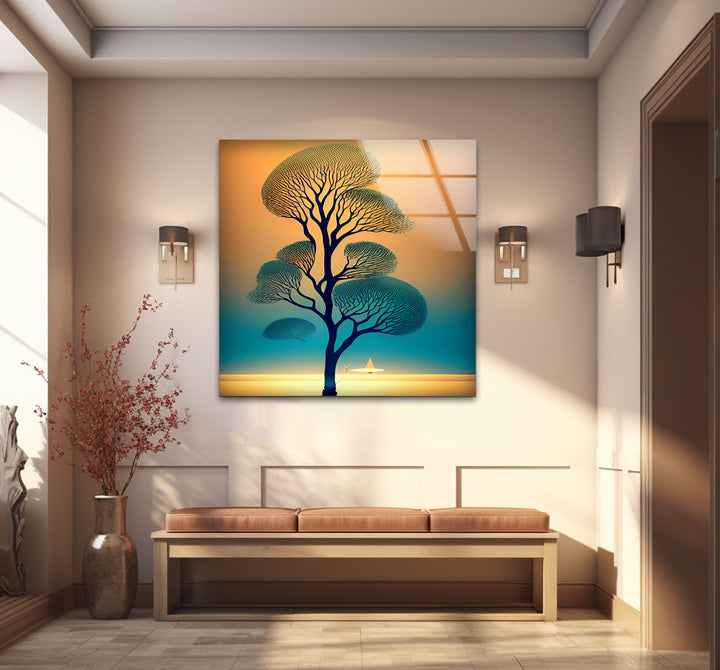Serene Tree of Life Wall Art – Sailboat Sunset Glass Print Design