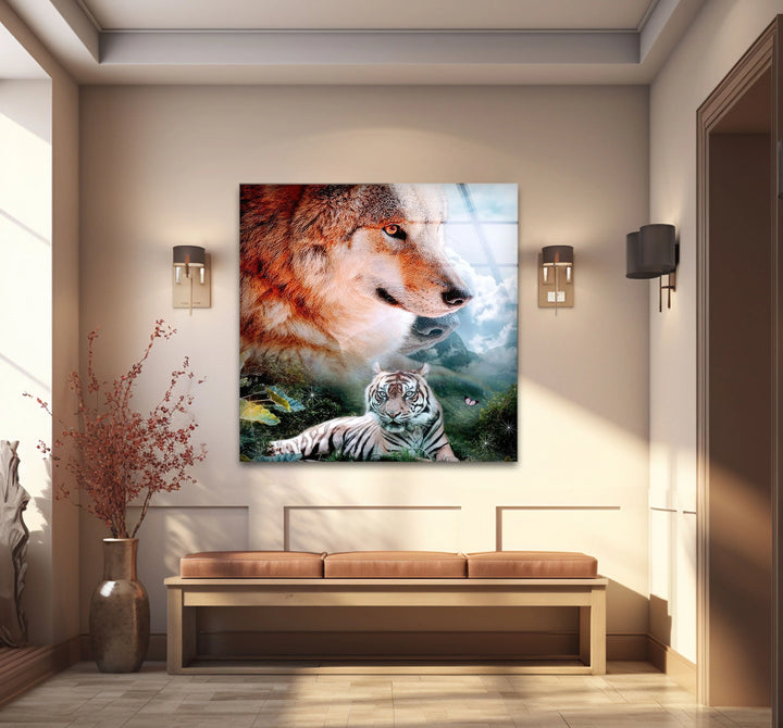 Wolf and White Tiger Wall Art – Majestic Animal Duo Nature Glass Print for Bold Decor - MyPhotoStation