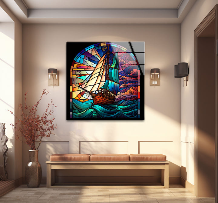 Segelschiff Buntglas Wandkunst – Maritimer Ozeanwellen-Glasdruck