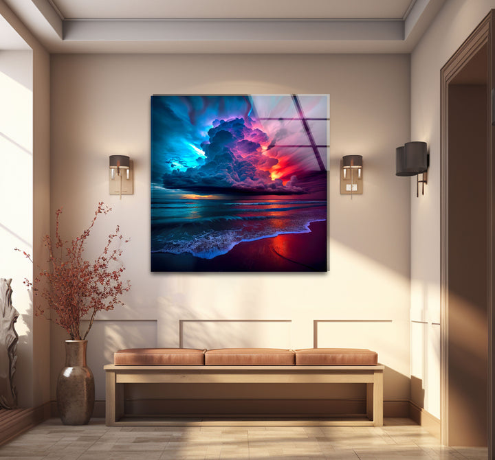 Wandkunst mit stürmischem Strandsonnenuntergang – Lebendiges Himmel- und Ozean-Glasdruckdesign