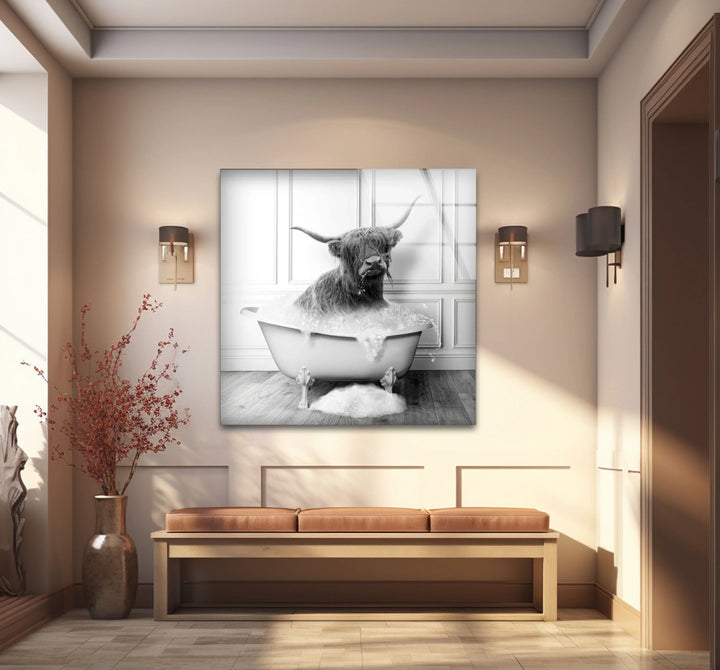 Highland Cow Bubble Bath Wall Art – Funny Black and White Glass Print for Bathroom Decor - MyPhotoStation