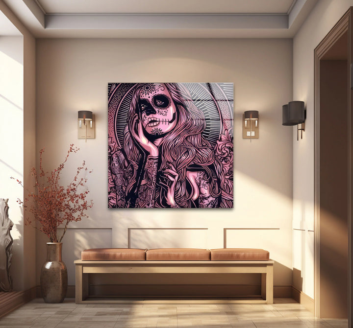 Day of the Dead Gothic Wall Art – Pink Skull Girl with Guns Tattoo Design - MyPhotoStation