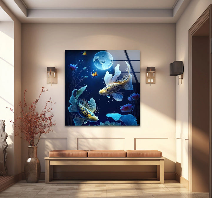 Moonlit Koi Fish and Lotus Wall Art – Tranquil Blue Glass Panel for Zen Decor