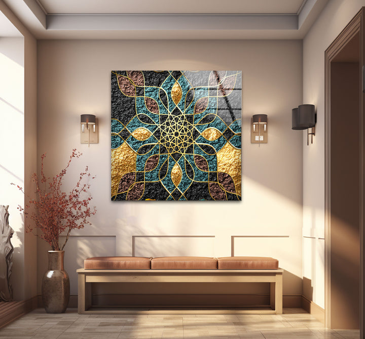 Goldene Mandala-Wandkunst – Geometrisches blaugrünes und schwarzes Muster-Glasdruckdesign