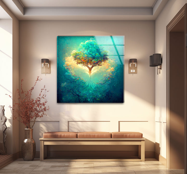 Schwebender Lebensbaum Wandkunst – Leuchtende Wurzeln Fantasy Glasdruck
