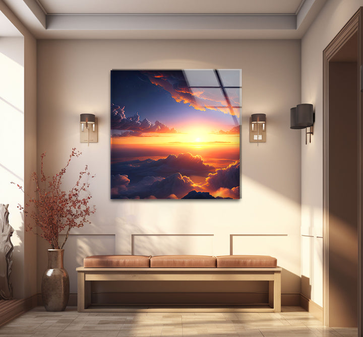 Wandkunst „Über den Wolken Sonnenuntergang“ – Glasdruckdesign „Verträumter Himmel leuchtet“