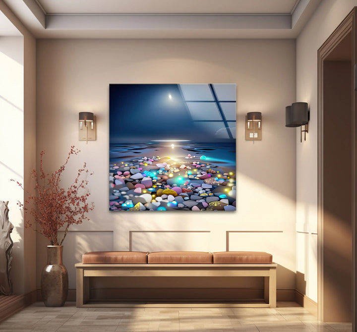 Colorful Pebble Beach at Sunset – Dreamy Ocean Glass Wall Art for Modern Decor - MyPhotoStation