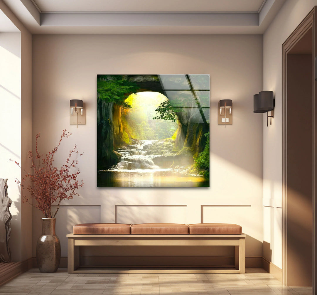 Sunlit Forest Cave Waterfall Glass Wall Art – Serene Nature Landscape Print - MyPhotoStation