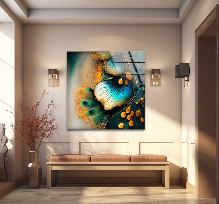 Teal Gold Abstract Floral Glass Wall Art – Elegant Botanical Flow Design - MyPhotoStation