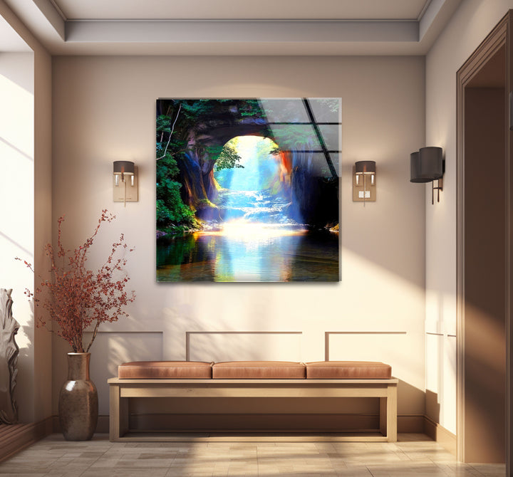 Waldlichttunnel-Wandkunst – Sonnenstrahlreflexions-Glasdruckdesign