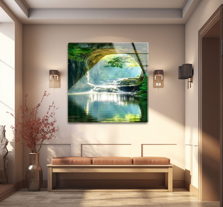 Wald-Wasserfall-Bogen-Wandkunst – Ruhige Naturszene Glasdruck