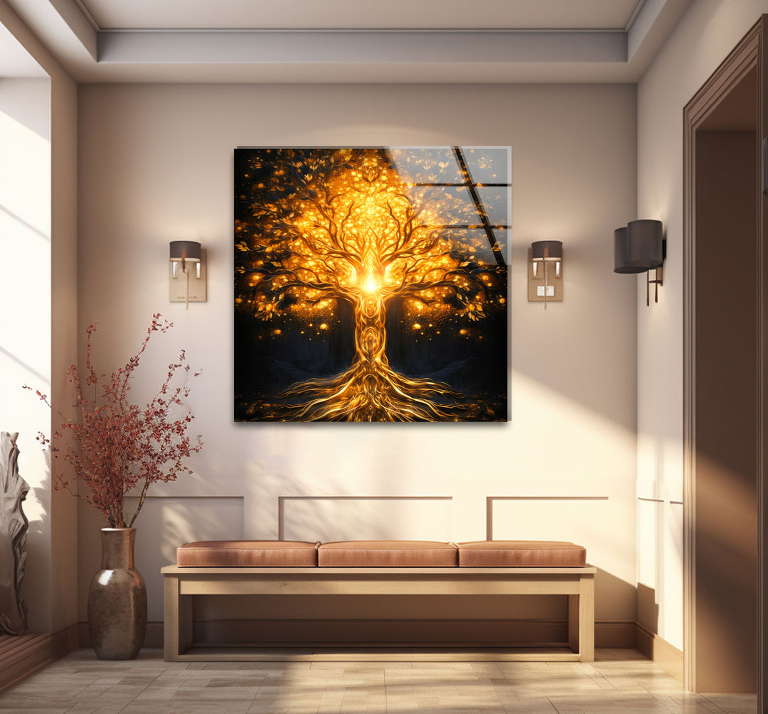 Goldene Fantasiebaum-Wandkunst – Beleuchtetes abstraktes Glasdruckdesign