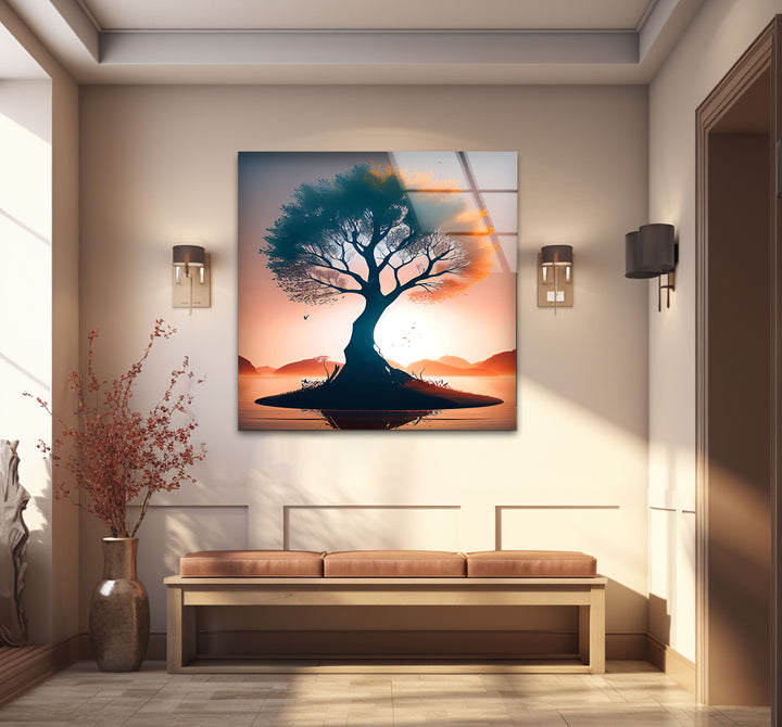 Sonnenuntergang Baum des Lebens Wandkunst – Silhouette Insel Glasdruck Dekor