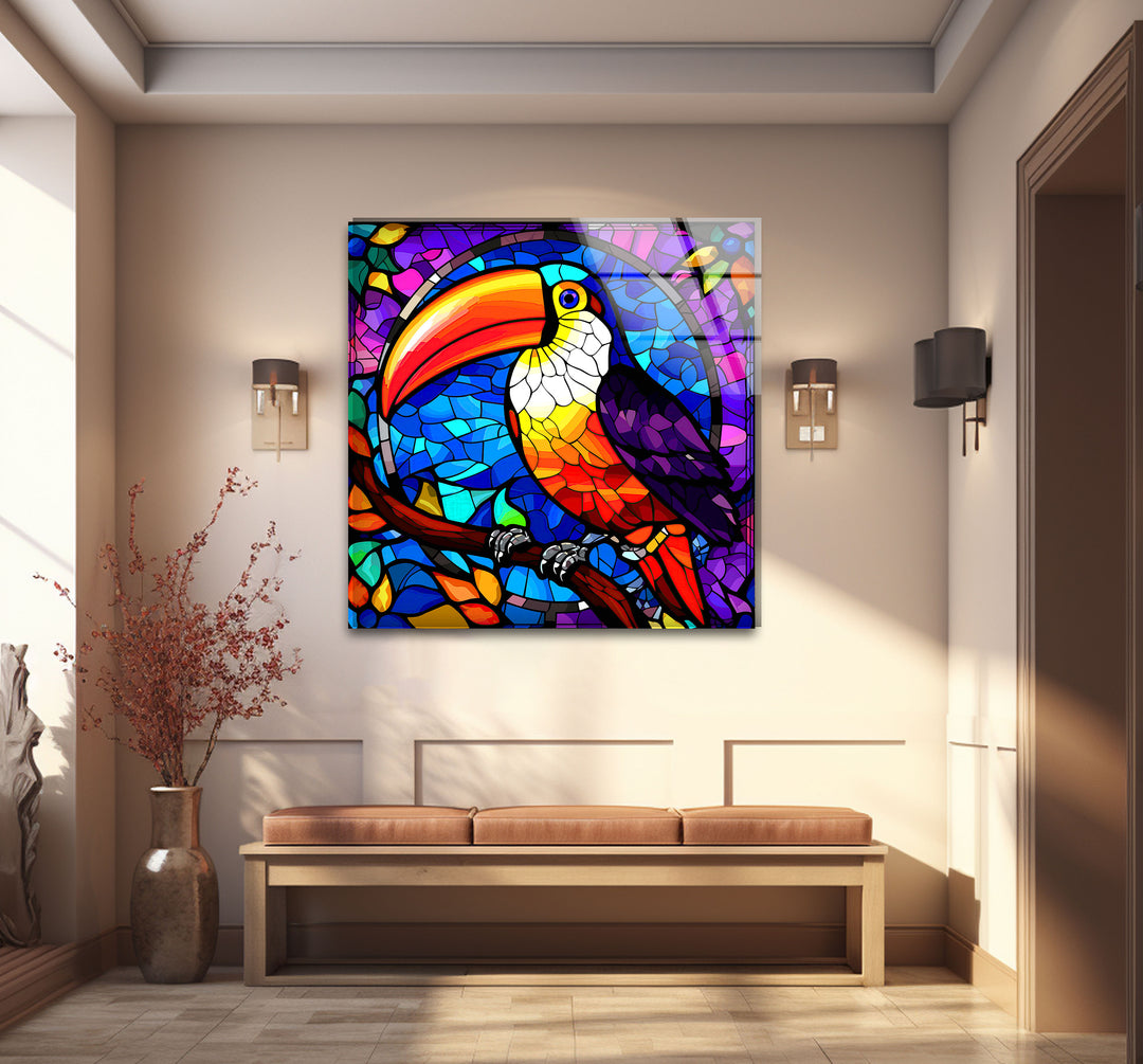 Tukan-Wandkunst aus Buntglas – Lebendiges Glasdruckdesign mit tropischem Vogel