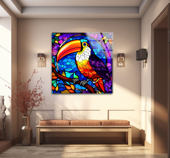 Tukan-Wandkunst aus Buntglas – Lebendiges Glasdruckdesign mit tropischem Vogel