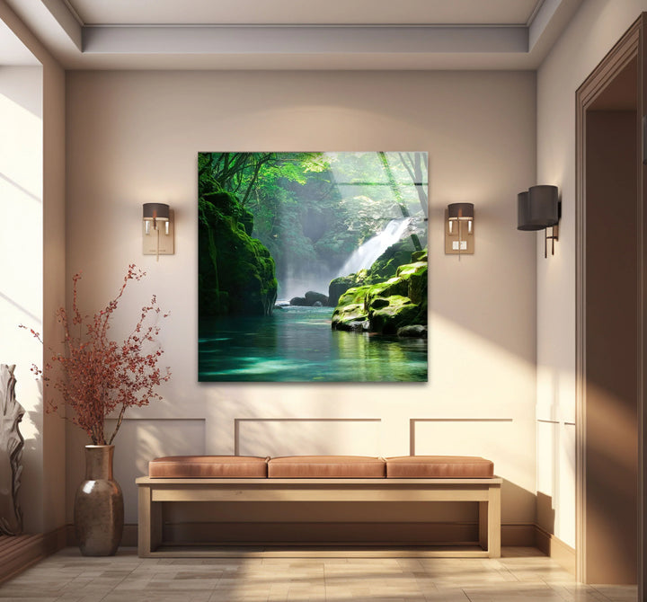 Tranquil Forest Waterfall Wall Art – Serene Nature Glass Print for Zen-Inspired Decor - MyPhotoStation