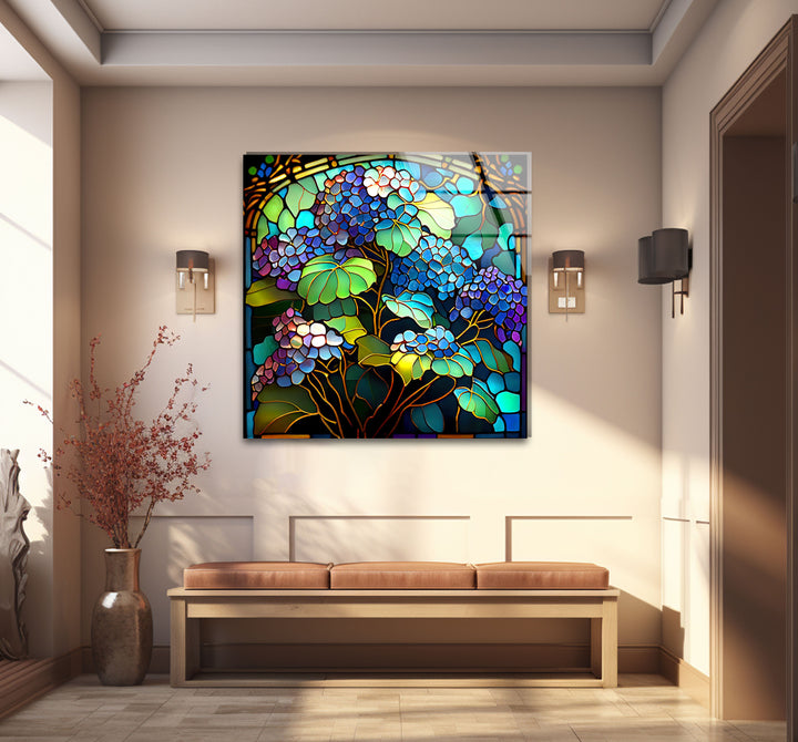 Blaue Hortensie Buntglas-Wandkunst – Vertikaler Blumenglasdruck