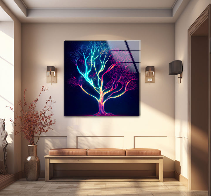 Neonbaum-Wandkunst – Kosmisches Nachtbaum-Glasdruckdesign
