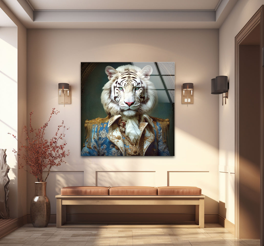 Königliches weißes Tigerporträt als Wandkunst – Kunstwerk im königlichen Tierkostüm