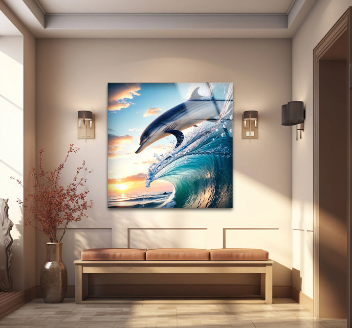 Jumping Dolphin Glass Wall Art – Ocean Wave Sunset Scene for Coastal Decor - MyPhotoStation