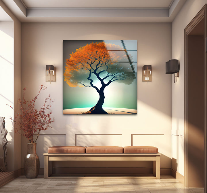 Minimalistische Wandkunst mit Lebensbaum – Orangefarbenes Kronenglas-Druckdesign