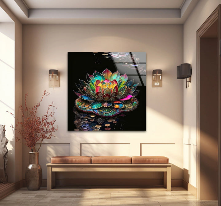 Radiant Lotus Flower Wall Art – Colorful Mandala Glass Print for Spiritual and Zen Decor - MyPhotoStation