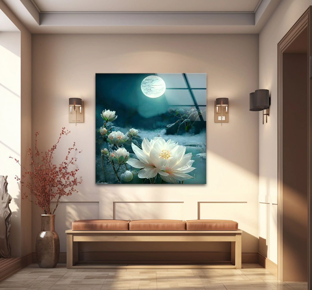 Moonlit White Lotus Glass Wall Art – Tranquil Floral Design with Ethereal Night Glow - MyPhotoStation