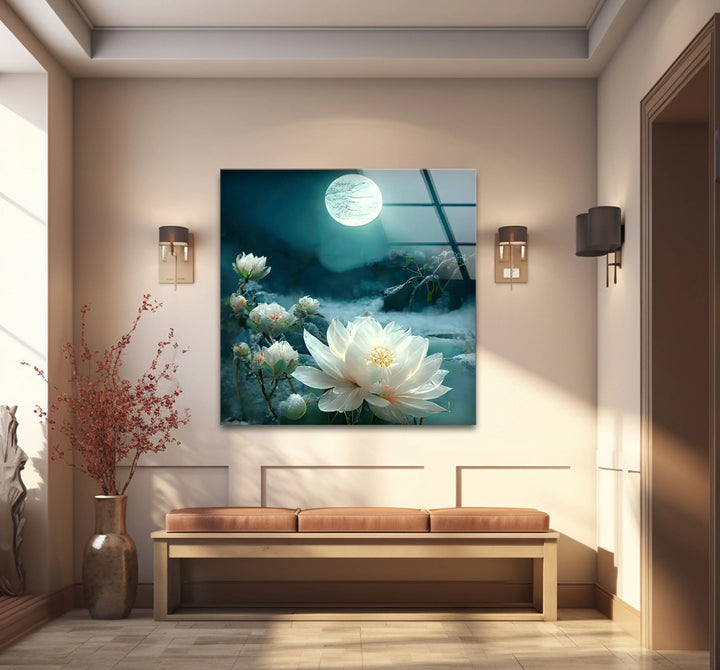 Moonlit White Lotus Glass Wall Art – Tranquil Floral Design with Ethereal Night Glow - MyPhotoStation