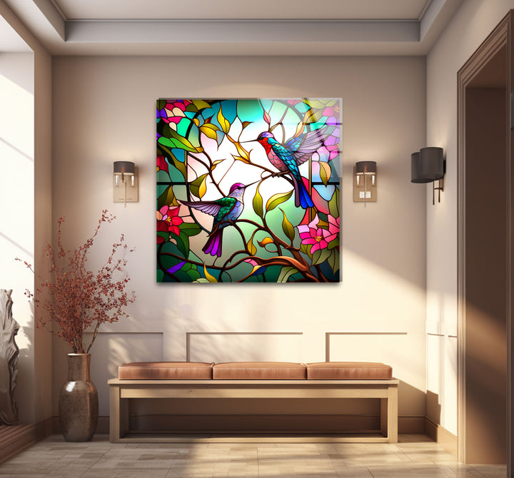 Hummingbirds Stained Glass Wall Art – Colorful Bird & Branch Glass Print