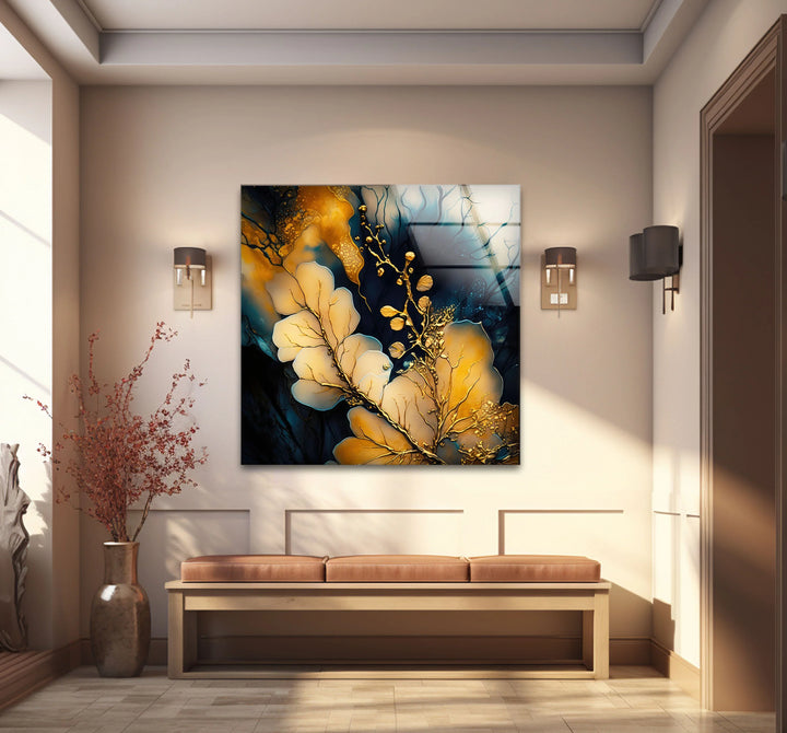 Golden Botanical Abstract Wall Art – Elegant Navy and Gold Glass Print for Luxe Interiors - MyPhotoStation