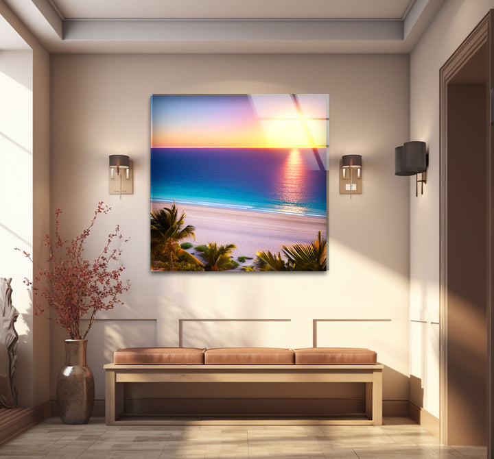 Tropischer Strand Sonnenuntergang Wandkunst – Lebendiger Ozeanhorizont Glasdruck