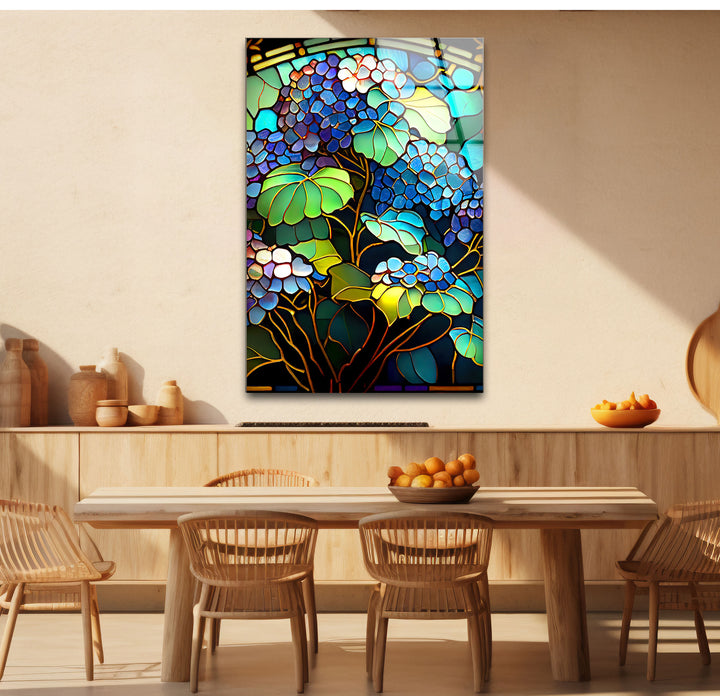 Blaue Hortensie Buntglas-Wandkunst – Vertikaler Blumenglasdruck