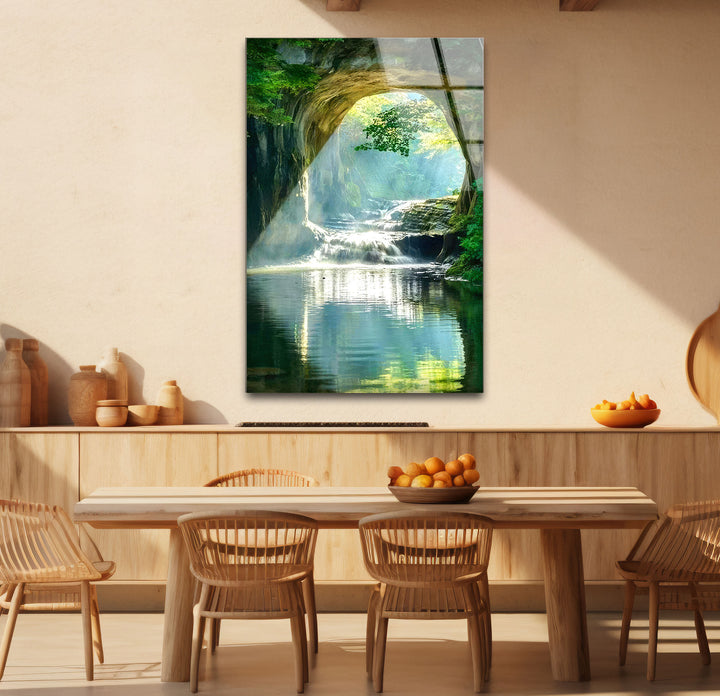 Wald-Wasserfall-Bogen-Wandkunst – Ruhige Naturszene Glasdruck